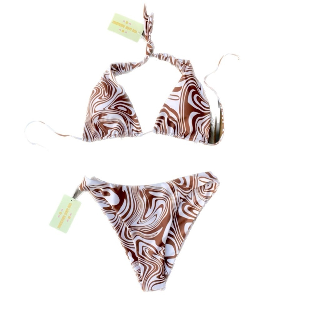 NWT Aurelle Brown White Swirl Retro Print 2 piece Swim suit Bikini Ladies Medium